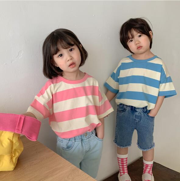 夏 韓国子供服　Tシャツ　キッズ　ブラウス　トップス　カジュアル　ボーダー　半袖　ボーダー　子供服