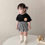 2022 夏新作 韓国子供服  INS 笑顔 Tシャツ  チェックパンツ  半袖+ショートパンツ  カジュアルスーツ