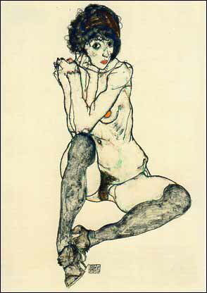 ポストカード アート シーレ「右膝に肘を置いて座るヌードの女性」名画 郵便はがき