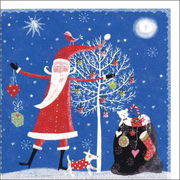 ミニカード クリスマス「木にプレゼントを吊るすサンタクロース」メッセージカード 犬