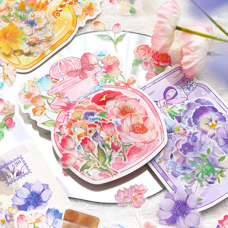 文具 PETシール貼紙 手帳素材 封口貼 マカロンカラー 植物花フラワー 可愛い水彩画 30枚入