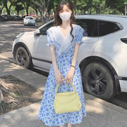 2022春夏新作 韓国ファッション  半袖 ゆとり ワンピース フレア   気質 ワンピー  花柄  ワンピース