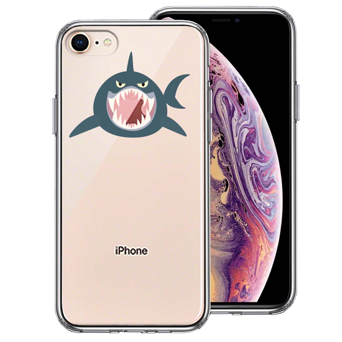 iPhone8 側面ソフト 背面ハード ハイブリッド クリア ケース サメ リンゴ飲み込む
