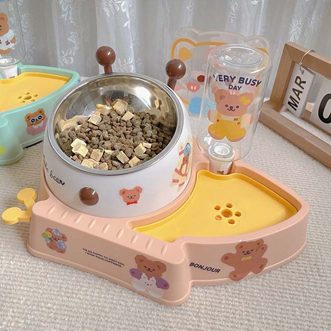 【春夏新作】 ペット用小皿 丸皿 ボウル+給水器 プレート 猫柄 ネコ柄 食器 犬猫兼用