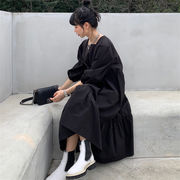 INS 秋新作 カジュアル 韓国ファッション スクエアネック  ロング デコレーション  カジュアルワンピース