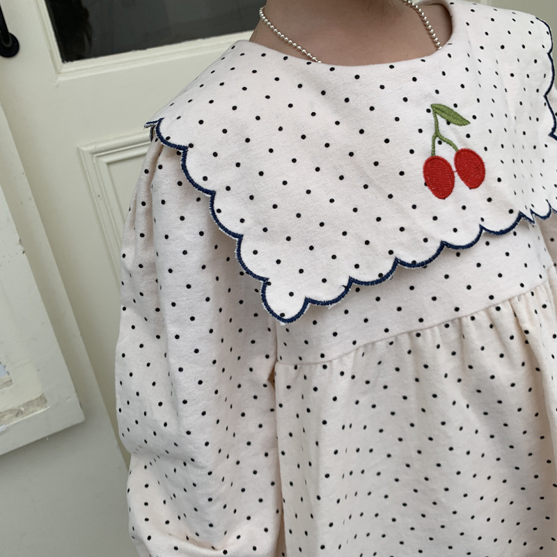 キッズワンピース さくらんぼ刺繍 ドット 長袖 女の子服 韓国風子供服