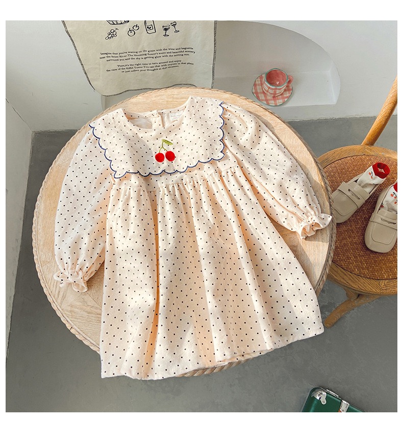 キッズワンピース さくらんぼ刺繍 ドット 長袖 女の子服 韓国風子供服