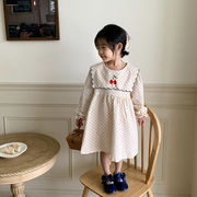 キッズワンピース　さくらんぼ刺繍　ドット　長袖　　女の子服　韓国風子供服