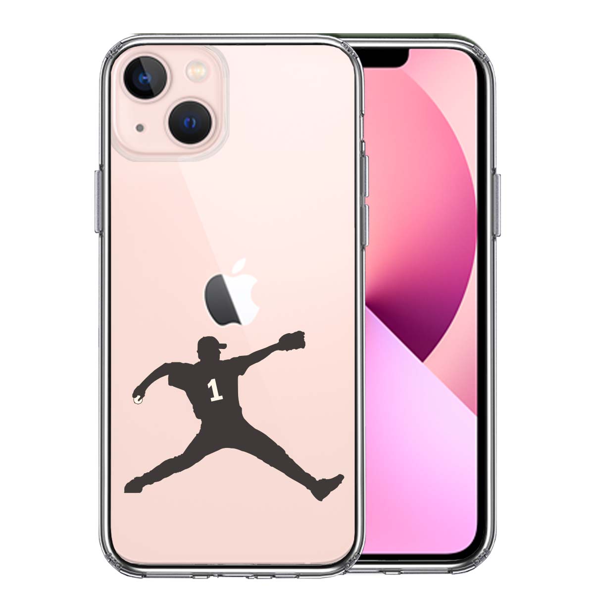 iPhone13mini 側面ソフト 背面ハード ハイブリッド クリア ケース 野球 ピッチャー 背中