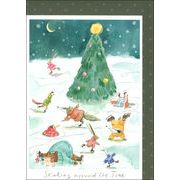 グリーティングカード クリスマス「ツリーの周りでスケートをする動物たち」動物 イラスト