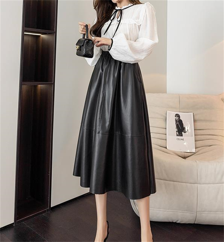 デイリーに使える 韓国ファッション エコ Aライン 傘スカート ロングスカート カジュアル レザースカート