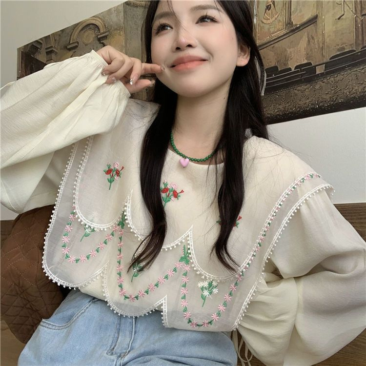 気持ちいい布地 韓国ファッション 秋  縫付 刺繍 シャツ 長袖 sweet系 小さい新鮮な シック トップス