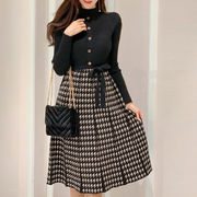 【日本倉庫即納】 ニットワンピースレディース千鳥柄切替秋冬