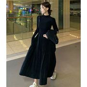 韓国大人気 デザイン スリムフィット ロングスカート 長袖 黒いスカート 長袖 シンプル ワンピース