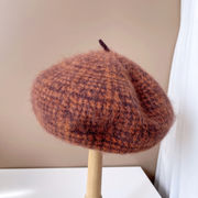 英国風アンゴラウサギ羊毛混紡ベレー帽子供の秋冬保温画家帽千鳥格子紋キノコ帽