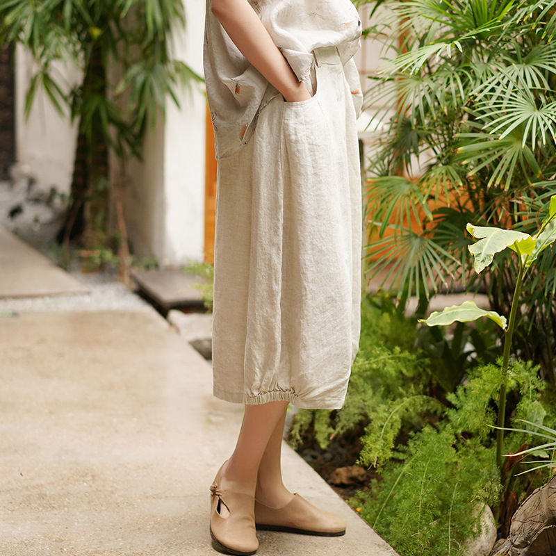 綿麻婦人服2023新作亜麻ハフスカート夏のミディアム丈スリットデザイン感aラインスカート