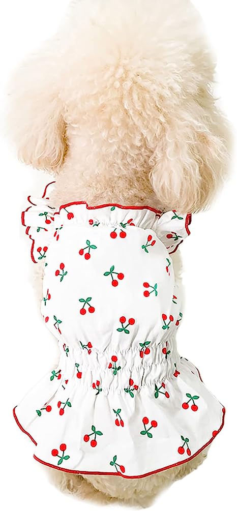 犬 服 チェリー フリル ワンピース スカート さくらんぼ かわいい トップス 春夏 ドッグウェア 小型犬