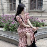 スウィートVネック花柄ワンピース夏の新作婦人服スリムで小柄な雰囲気のスカート