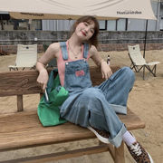 サロペット女性ストレートワイドパンツゆったり韓国ガーリーレトロモップジーンズ