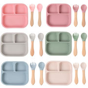子供用品 正方形のプレート  木質スプーン フォーク  子供用食器   ベビー用品 baby   落下防止ボウル  7色