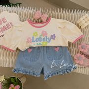 ins夏  韓国風子供服  ベビー服  女の子  半袖 Tシャツ トップス+ デニム  ショートパンツ   2点セット