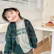 2025新作  韓国風子供服  キッズ服  トップス  春秋   綿麻 チェック柄   長袖  シャツ  カジュアル   2色