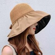 帽子女夏の大庇黒ゴムバケットハットUPF 50+リボン太陽帽子顔用日焼け止め帽子サンバイザー女