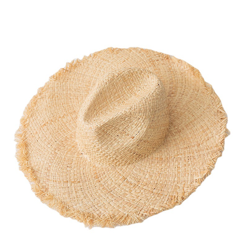 の毛縁の麦わら帽子テーパーキャップ夏のレディース帽子おしゃれ帽子大庇手作り帽子