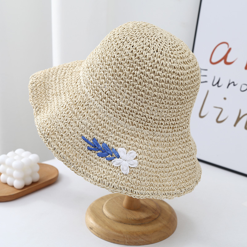 花手編みバケットハット夏の麦わら帽子女性日除け日焼け止め帽子ビーチアウトドアファッション