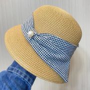 草編みU型帽子女千鳥格春夏韓国バケットハット真珠アウトドアバケツ帽子
