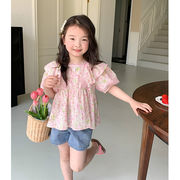 キッズシャツ　花柄ブラウス　レーストップス　バルーン袖　韓国風子供服　女の子夏物新作
