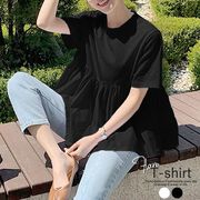 2023夏服 フリルカットソー 半袖 tシャツ 春 ギャザー ラウンドネック コットン100％ レディース