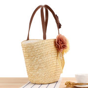 新しい田園2輪の草花編みバッグ純色ワンショルダー手作り麦わら編みバッグビーチバッグレディースバッグを