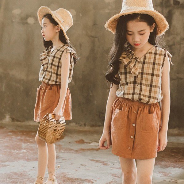 韓国子供服 女の子 Tシャツ スカート チェックセット 2点上下セットフォーマル スカジャン