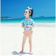 子供水着 女の子 セパレート 水着  半袖 フラミンゴ柄 フリルショットパンツ 2点セット 女児用