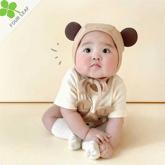 クマ柄 ロンパース 帽子付き ウンドネック 半袖 ベビーロンパース 通気性 赤ちゃん 66cm~90cm