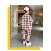 韓国子供服 セットアップ 男の子 レジャー 夏服 チェック柄 上下セット 半袖シャツ + 五分丈パンツ