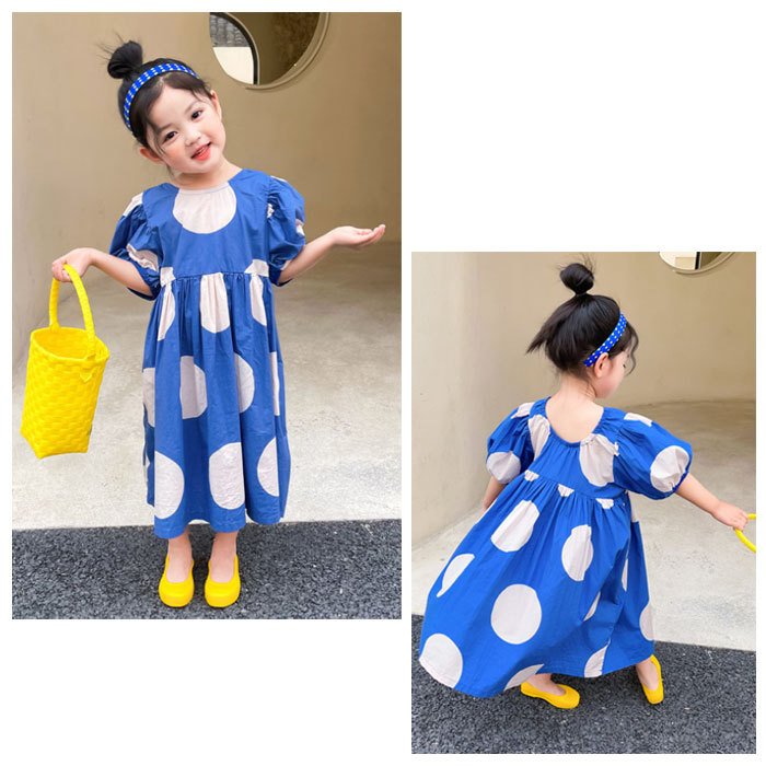 子ども服 女の子 ワンピース ロング丈 ドット柄 ブルー キッズ 水玉柄