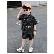 韓国子供服 セットアップ 男の子 夏服 かっこいい チェック柄 上下セット半袖 シャツ + 五分丈パンツ