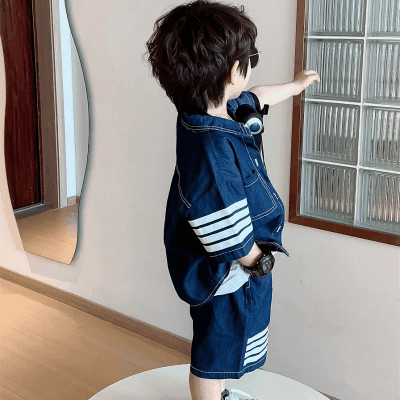 韓国風子供服 夏新作 ボーイズスーツ デニム ボーダー柄 ショートパンツ ブラウス シャツ+パンツ 7-15