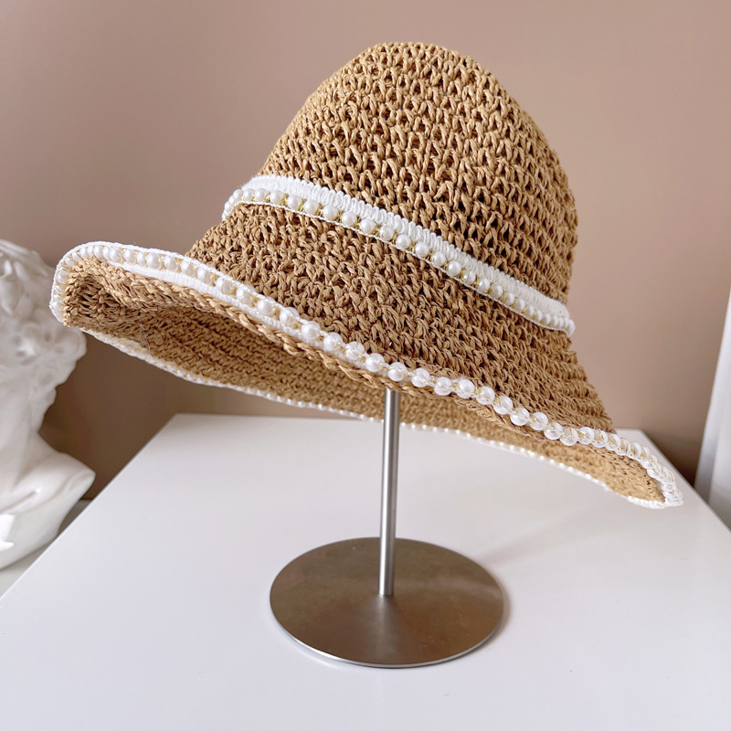 麦わら帽子　韓国ファッション　レディース　デザイン　ストロー　パール
