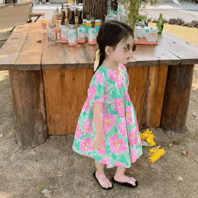 夏 韓国風子供服 ガール 花柄 ボタニカル パフスリープ シフトドレス ワンピース ワンピ 7-15
