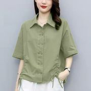 綿麻シャツ 韓国ファッション 夏ブラウス レディースＴシャツ 半袖  着痩せ 3色