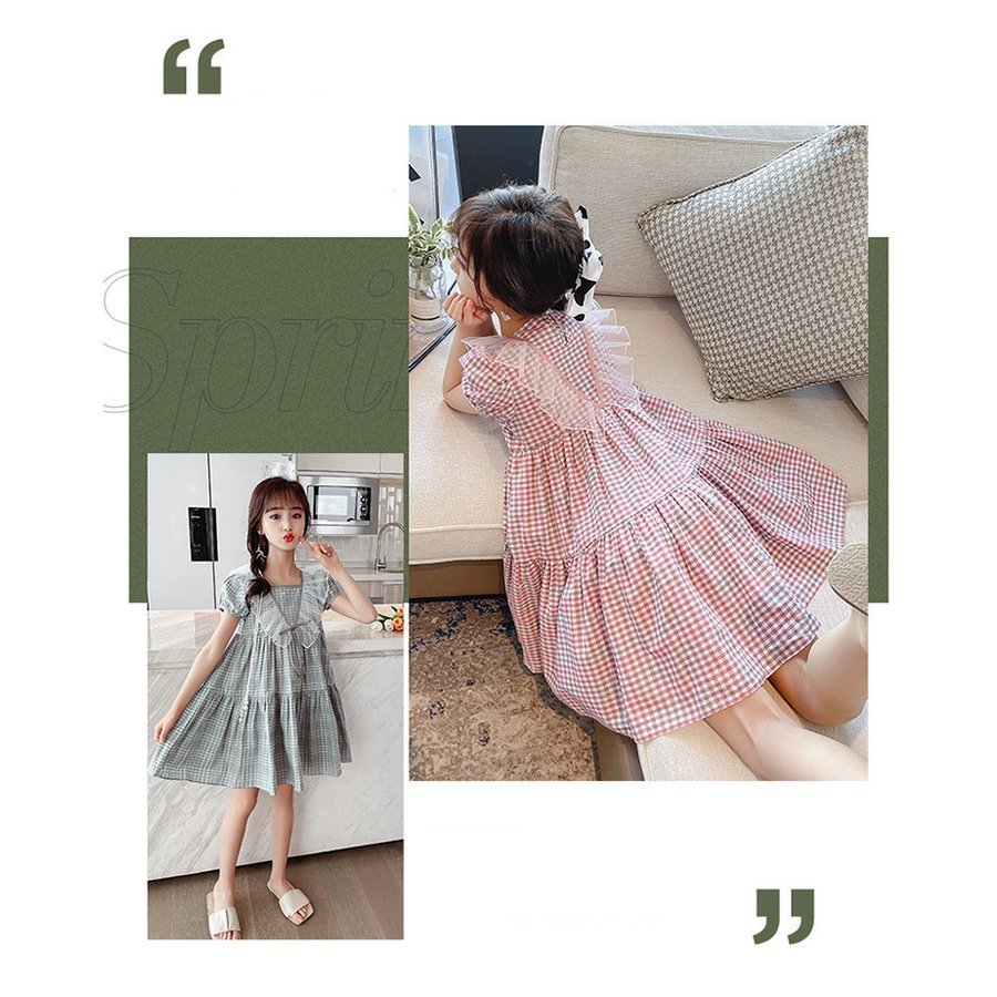 子供服 ワンピース ピンク 160 韓国子ども服 キッズ 女の子 夏服 半袖 チェック柄 子供ドレス