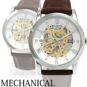 自動巻き腕時計 シンプルスケルトンデザイン シルバーケース 革ベルト 機械式 WSA021-SVWH メンズ腕時計