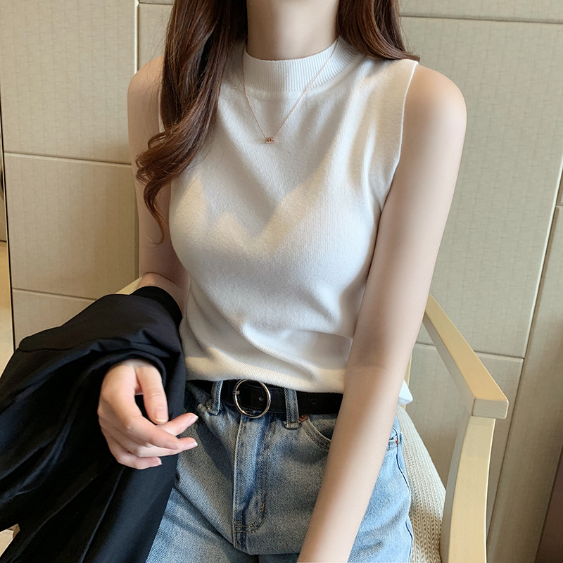 レディスTシャツ　ノースリーブニット　ニットTシャツ　韓国ファッション