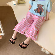 夏新作 子供用パンツ 薄い 綿のズボン ワイドレッグパンツ ピンクのチェック柄 カジュアルパンツ