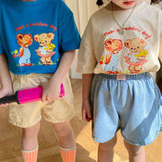 2022 夏新作 コットンTシャツ 漫画クマ半袖 韓国の子供服 男の子と女の子の半袖トップボトミングシャツ