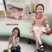 2色 夏の新作 子供の半袖 パフスリーブ ストライプTシャツ 女の子 韓国風 半袖 ジャケット