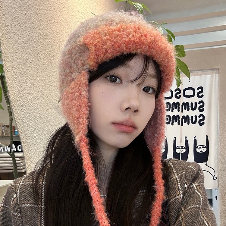 レディース帽子　イヤーニットキャップ　リボン付き　韓国ファッション　秋冬　全6色